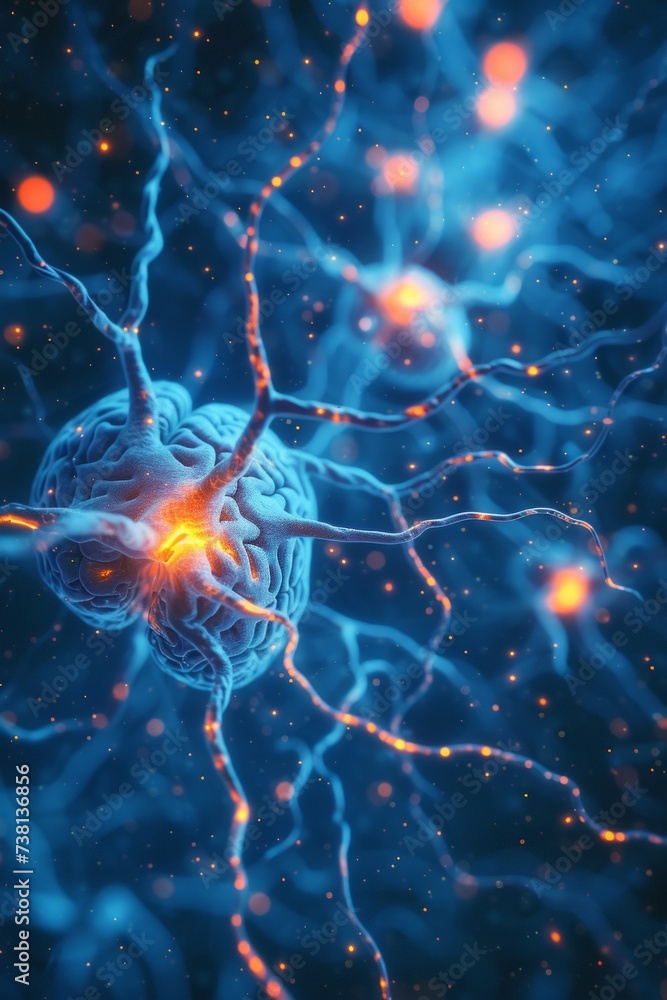 A 3D illustration of a neuron surrounded by synapses