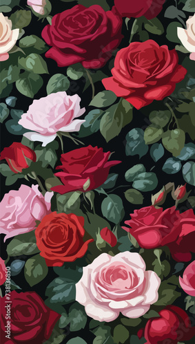 A Beautiful Roses Seamless Pattern on dark background. 