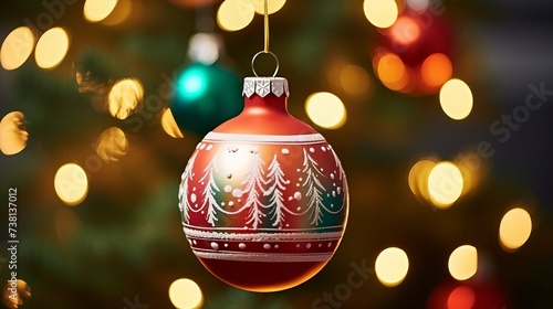 Red and green Christmas ornaments with blurred background