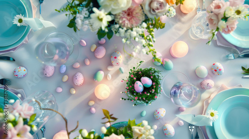 Easter holiday table setting with Easter eggs, flowers and decoration, top view