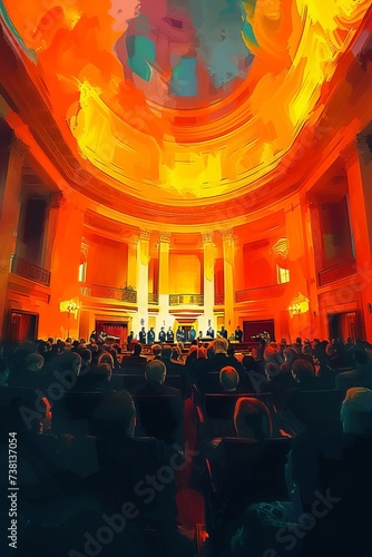 Choir singing in a church with an orange hue