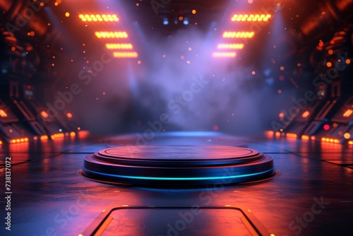 futuristic empty stage podium with glowing blue light and red spotlights in the background