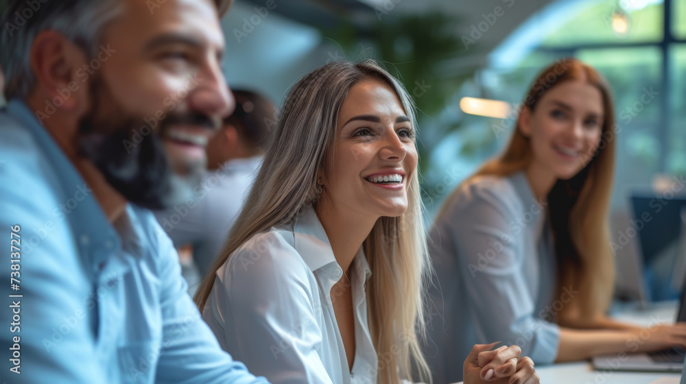 Four professionals are sitting in a row at a desk, smiling as they look towards a computer screen, engaged in a collaborative work environment. Four professionals are sitting in a row at a desk, smiling as they look towards a computer screen, engaged in a collaborative work environment.