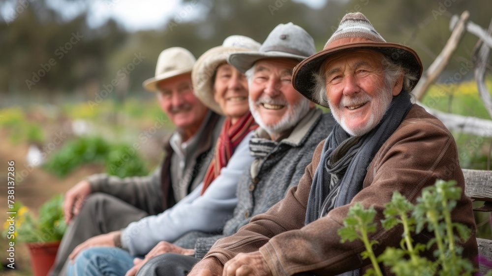 A group of retirees sit together on a bench in the community garden enjoying the peaceful atmosphere as they take a break from tending to their plots. A group of retirees sit together on a bench in the community garden enjoying the peaceful atmosphere as they take a break from tending to their plots.