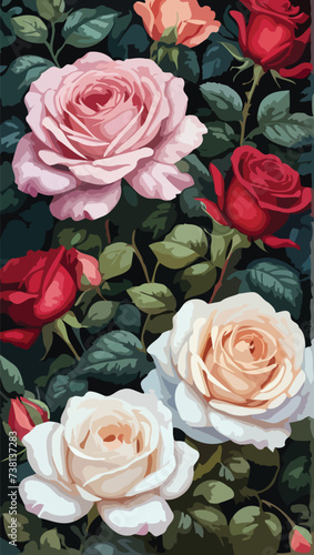 A Beautiful Roses Seamless Pattern on dark background.  