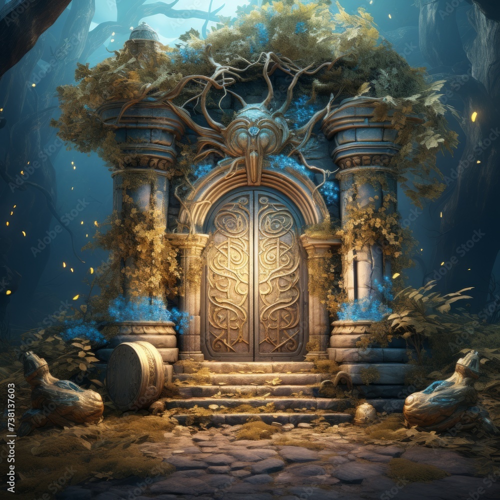 ornate golden door in overgrown ruins
