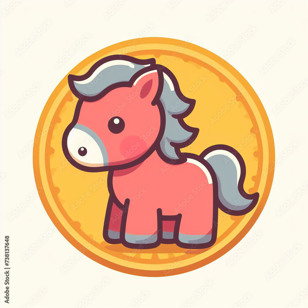 Fototapeta premium A cute cartoon pony with a bitcoin on a pile of coins. It's the logo of Cute baby Horse crypto coin.