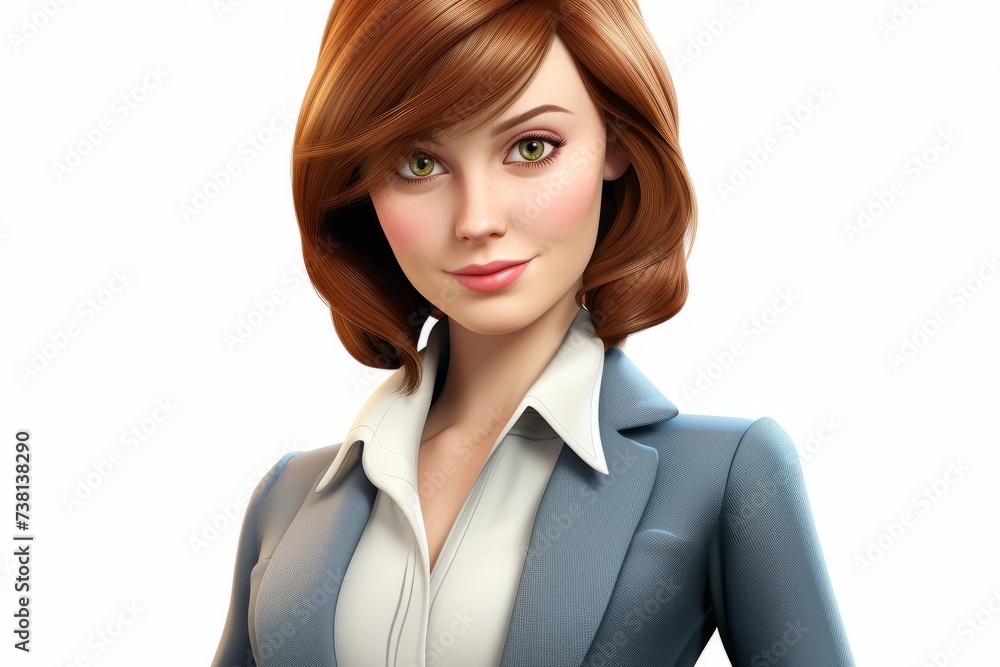 Illustration of a young businesswoman with short brown hair and green eyes wearing a blue suit Illustration of a young businesswoman with short brown hair and green eyes wearing a blue suit
