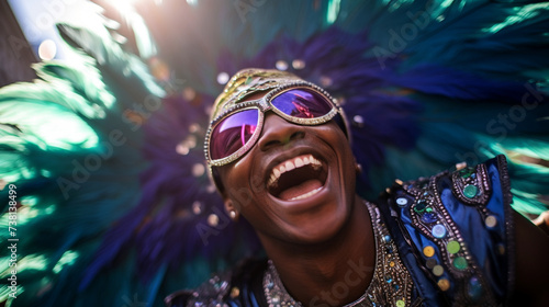 
A charismatic male dancer adorned in vibrant feathers and beads for a Mardi Gras parade,  photo