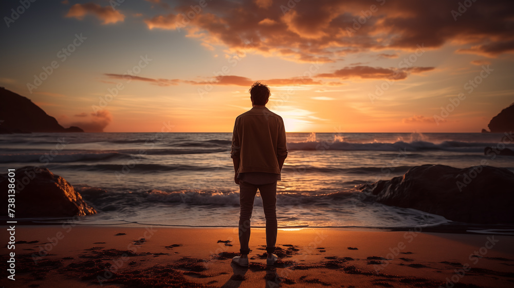 A thoughtful man in casual attire, standing on the beach with his gaze fixed on the horizon where the calm sea meets the sky. A thoughtful man in casual attire, standing on the beach with his gaze fixed on the horizon where the calm sea meets the sky.