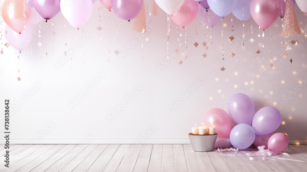 Urodzinowa ściana - tło na życzenia z okazji rocznic, jubileuszów, narodzin, chrztu, ślubu. Dekoracje z balonami, prezentami i girlandami - obrazy, fototapety, plakaty 
