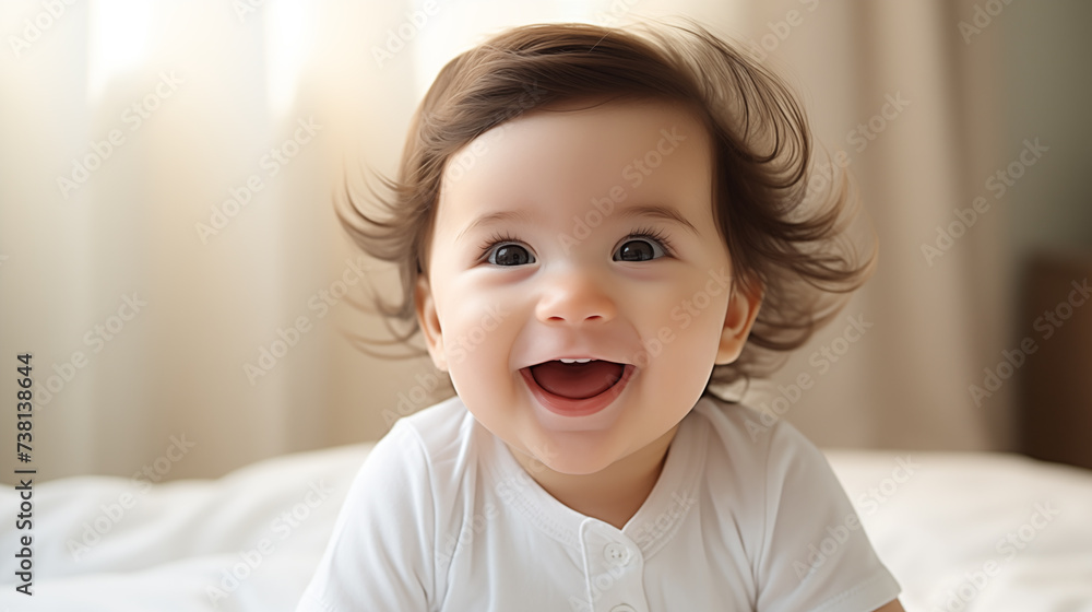 A close-up of a cheerful baby with a wide-open mouth, bright eyes full of wonder, set against a soft, pastel-colored nursery room.