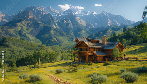Cozy cabin in a field of yellow flowers, backed by lush green mountains under cloudy skies. photo