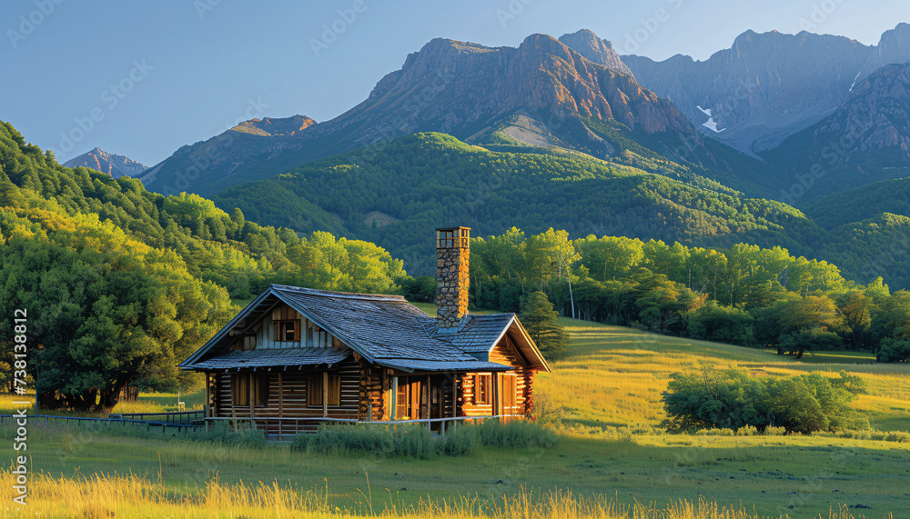 Cozy cabin in a field of yellow flowers, backed by lush green mountains under cloudy skies.