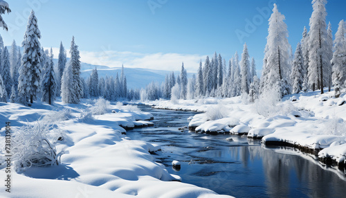 Winter landscape snow covered forest, tranquil scene, frozen beauty in nature generated by AI © djvstock