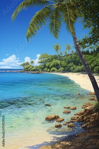 Beach with palm trees and blue water © Molostock