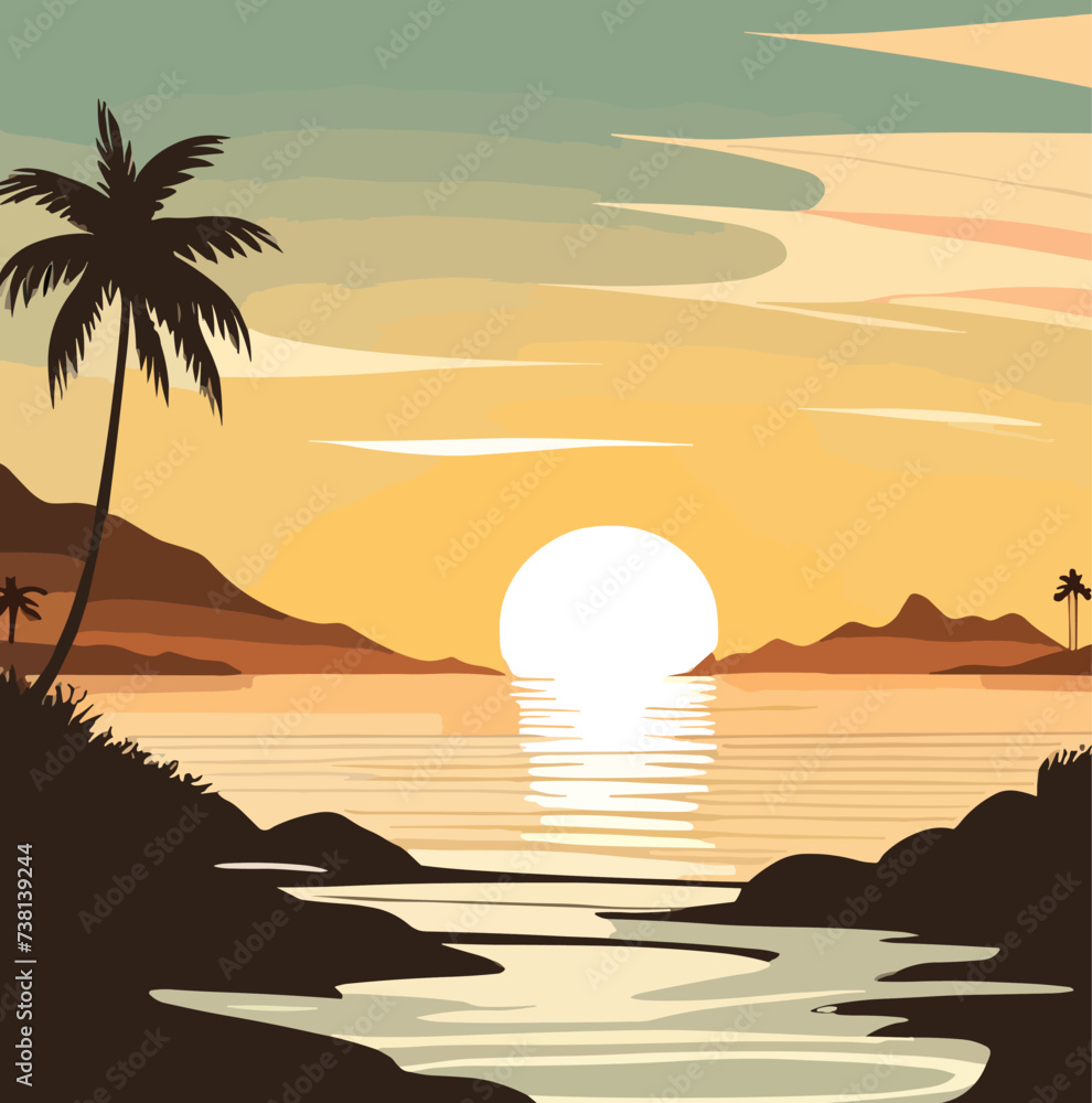 Tropical beach with palm trees and sea. Exotic island in ocean at sunset. Nature landscape and seascape. Square abstract art background, banner, cover, phone wallpaper vector colorful illustration
