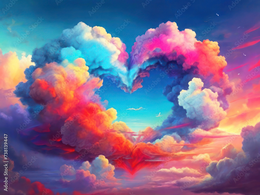Illustration of a bright rainbow cloud in the sky in the shape of a heart. Neon vibrant shades, curly clouds. Illustration of a bright rainbow cloud in the sky in the shape of a heart. Neon vibrant shades, curly clouds.
