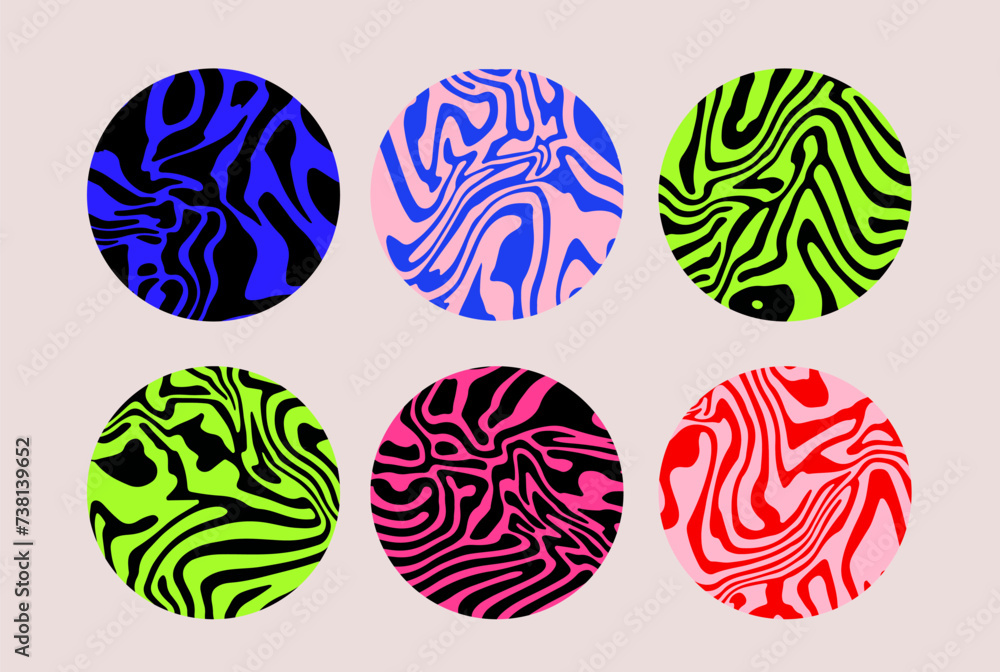 Set of colorful circles with wavy psychedelic pattern. Collection of abstract modern elements for poster, cover, logotype design. Set of colorful circles with wavy psychedelic pattern. Collection of abstract modern elements for poster, cover, logotype design.