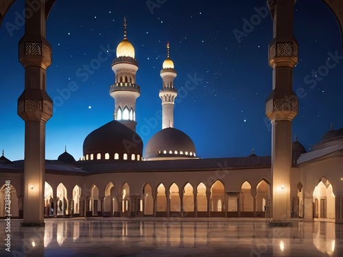 "Capture the serenity of a quiet mosque during the night prayers of Ramadan, emphasizing the spiritual atmosphere."