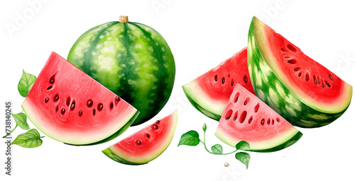 Set of watercolor watermelon, isolated on transparent background