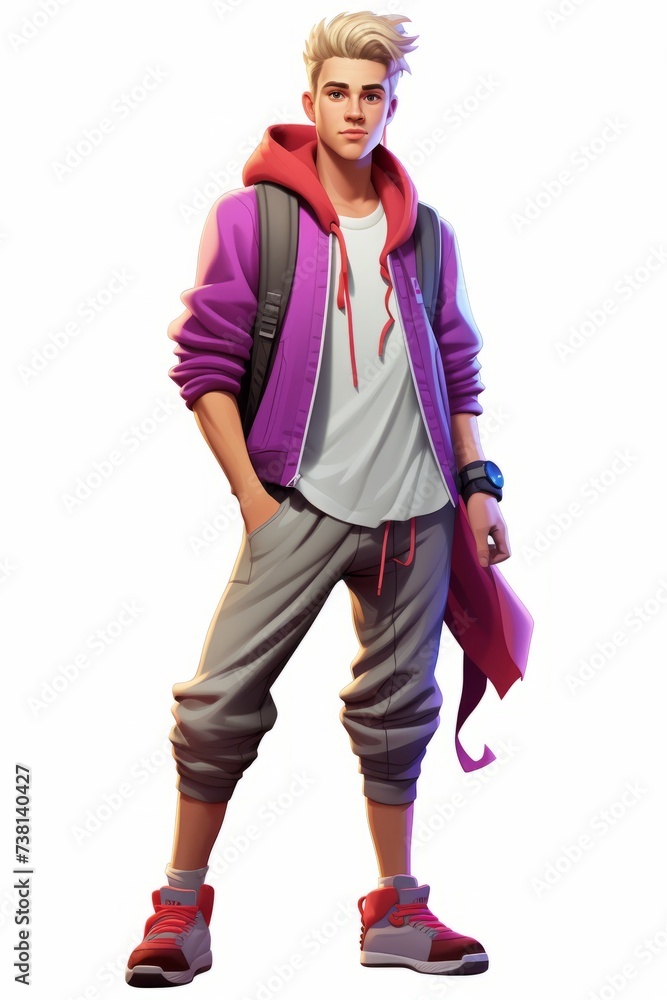 A young man with blond hair and blue eyes wearing a purple jacket and gray pants is standing in a relaxed pose. A young man with blond hair and blue eyes wearing a purple jacket and gray pants is standing in a relaxed pose.