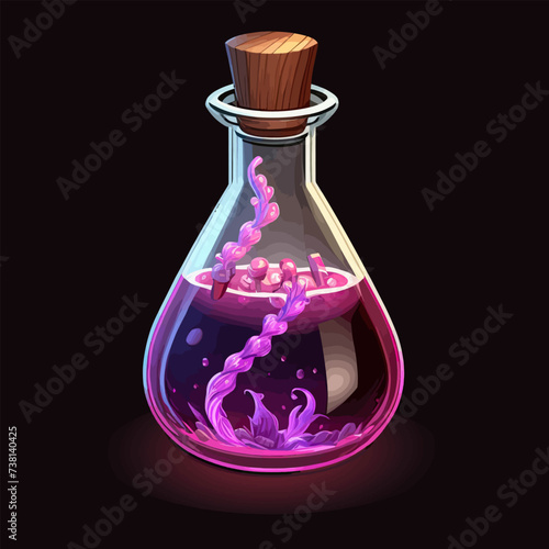 Game potion. Cartoon elixir in a glass flask with a wooden stopper. Vector illustration