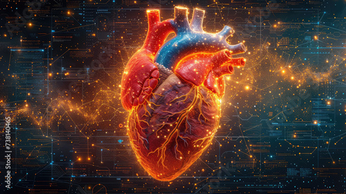 A detailed digital illustration of a human heart set against a sparkling cosmic background.