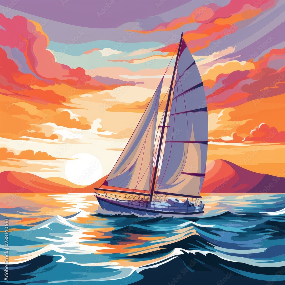 A sailboat is sailing in the rough sea with a beautiful sunset in the background