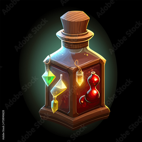 Game potion. Cartoon elixir in a glass flask with a wooden stopper. Vector illustration