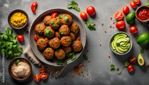Homemade falafel. Chickpea balls with spices, tomatoes and avocado in a bowl on a gray concrete background top view. Arabic cuisine, vegetarian food. 