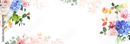 Colorful red tulip, peony, hyacinth, hydrangea, pink rose vector design horizontal card. Wedding greenery photo