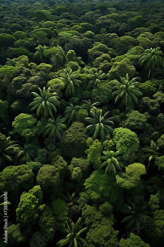 A lush green rainforest canopy with a dense understory of vegetation photo