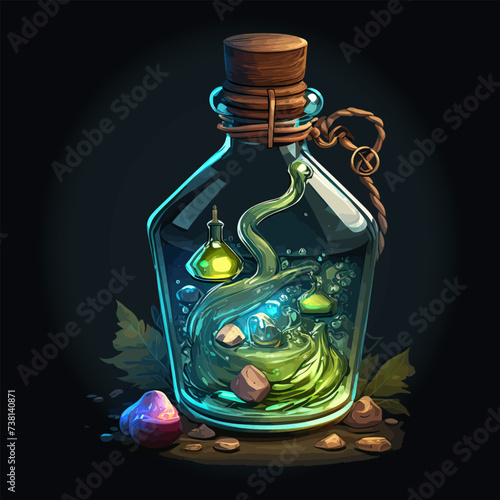 Game potion. Cartoon elixir in a glass flask with a wooden stopper. Vector illustration