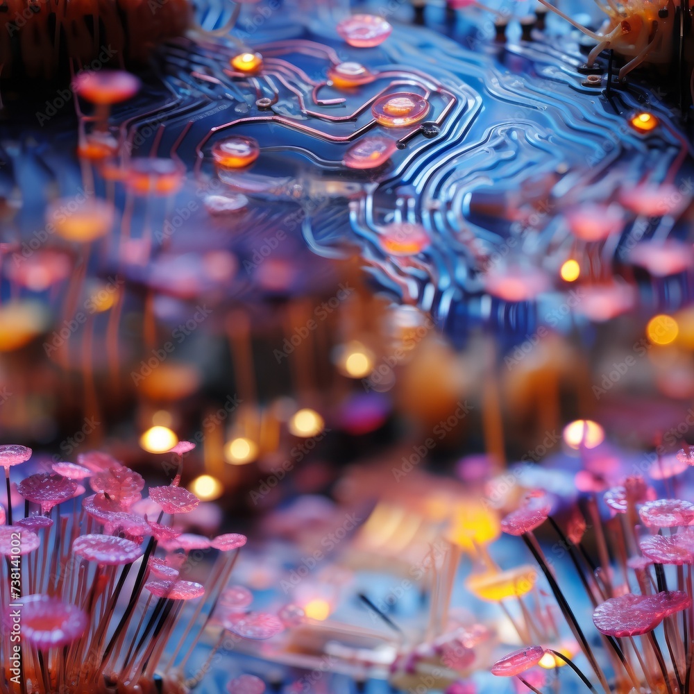A circuit board with pink flowers growing on it
