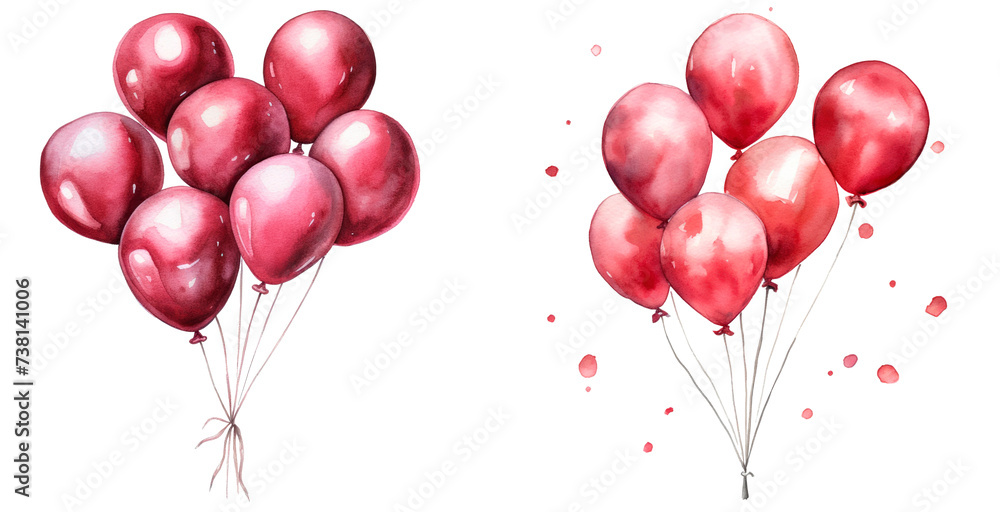 Set of waterolor red ballons, isolated on transparent background Set of waterolor red ballons, isolated on transparent background