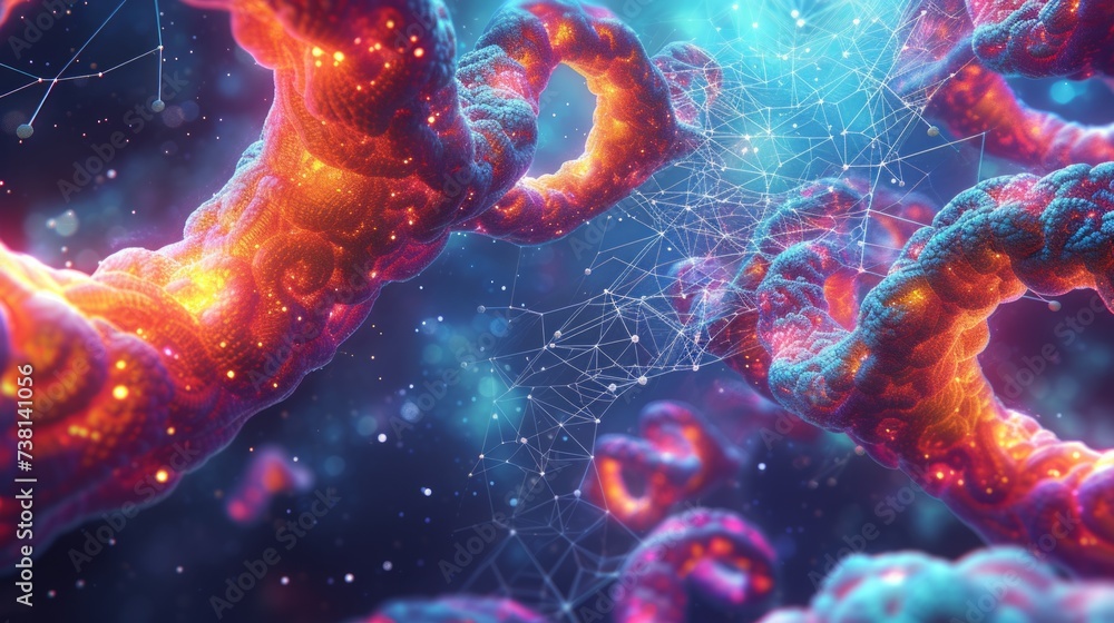 Artistic illustration of a glowing 3D rendering of a protein structure Artistic illustration of a glowing 3D rendering of a protein structure