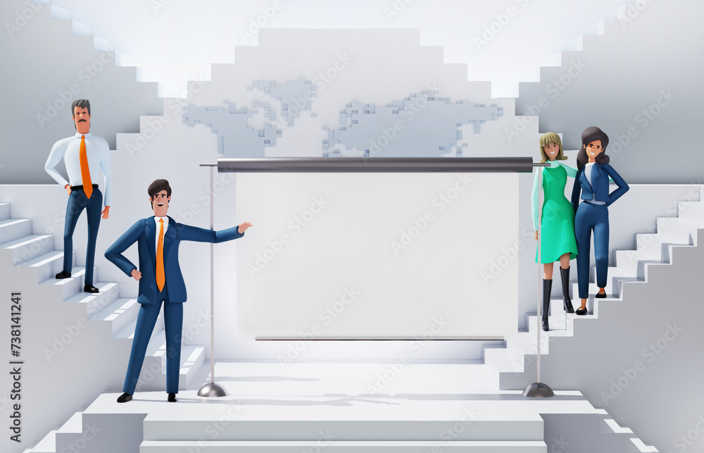 Fototapeta premium Businessman presenting report or project in an abstract business environment with many stairs going up and down. Empty screen, copy space. 3D rendering