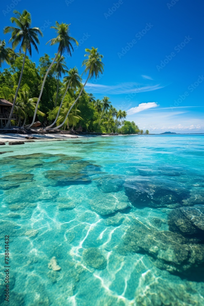 Fototapeta premium A beautiful beach with crystal clear water and palm trees.