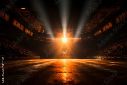 Basketball court with a single spotlight shining down on the court