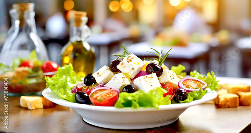 Griechischer Salat im Vordergrund, im Hintergrund ein Restaurant mit Gästen 