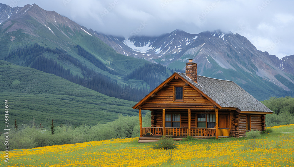 Cozy cabin in a field of yellow flowers, backed by lush green mountains under cloudy skies.