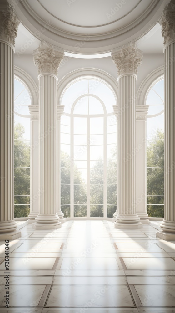 Large bright hall with white marble floor and arched windows Large bright hall with white marble floor and arched windows
