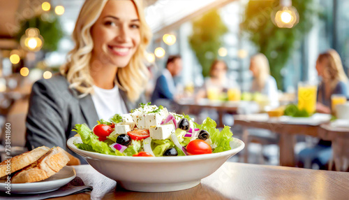 Griechischer Salat im Vordergrund  im Hintergrund ein Restaurant mit G  sten 