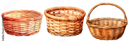 Set of wicker basket in watercolor, isolated on transparent background photo