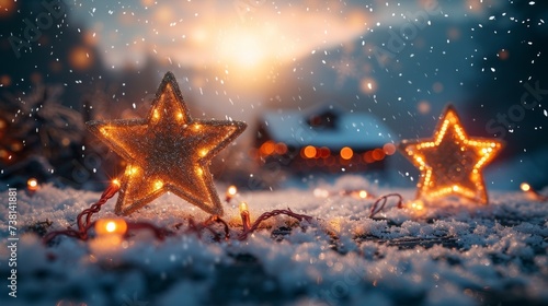Two golden stars with fairy lights in the snow at Christmas time