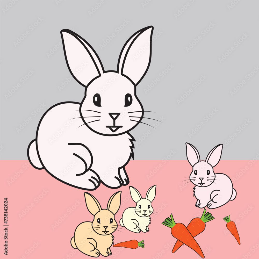Obraz premium Easter bunny with carrot. Easter bunny vector illustration. Easter day element bunny, rabbits, carrot. Minimal Cute bunny rabbit outline sketch vector illustration. Rabbit with carrot