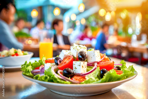 Griechischer Salat im Vordergrund, im Hintergrund ein Restaurant mit Gästen  photo