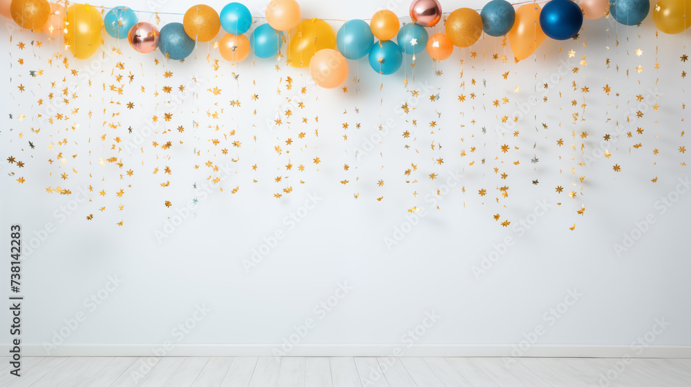 Urodzinowa ściana - tło na życzenia z okazji rocznic, jubileuszów, narodzin, chrztu, ślubu. Dekoracje z balonami, prezentami i girlandami - obrazy, fototapety, plakaty 