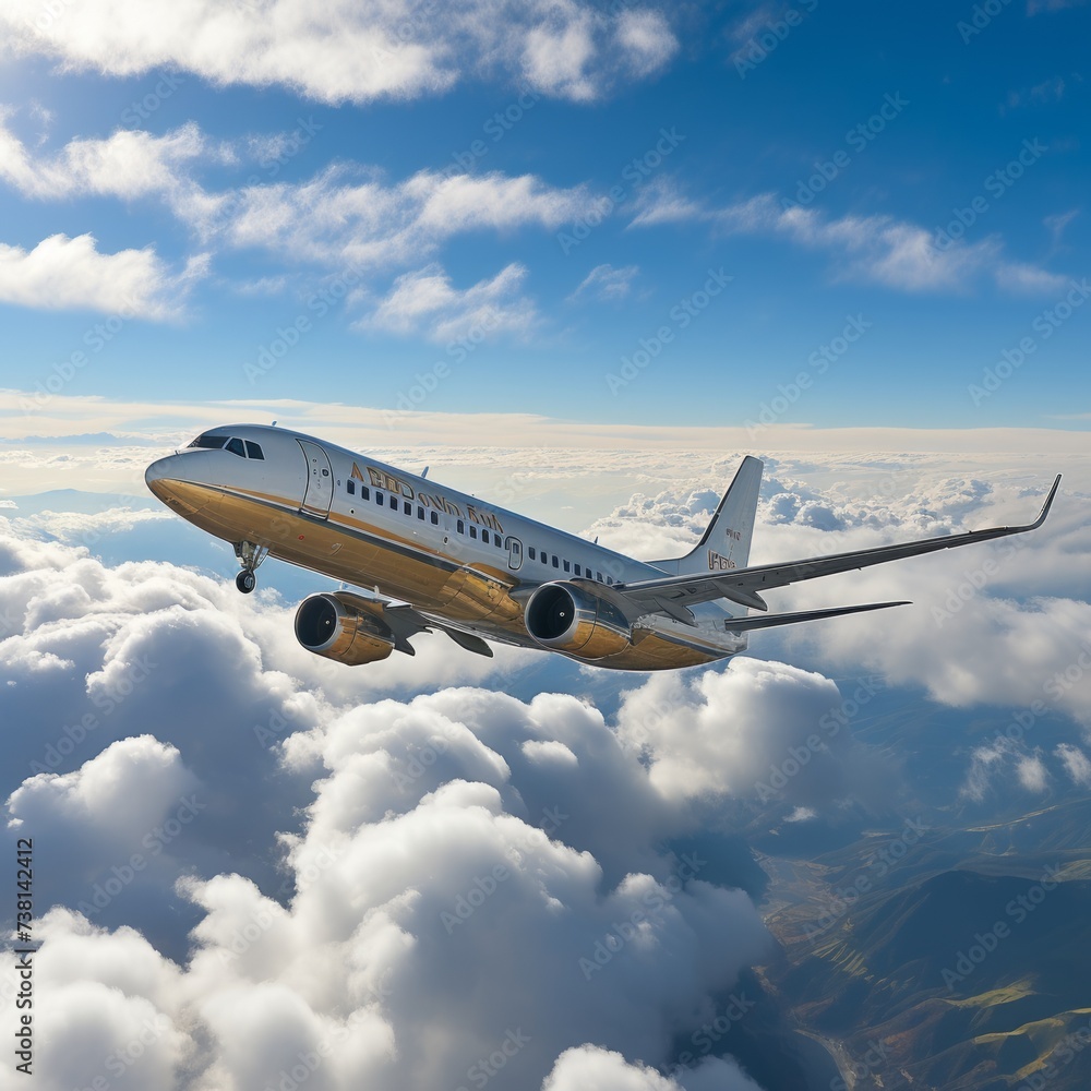 Obraz premium A golden airplane is flying in the blue sky above the clouds